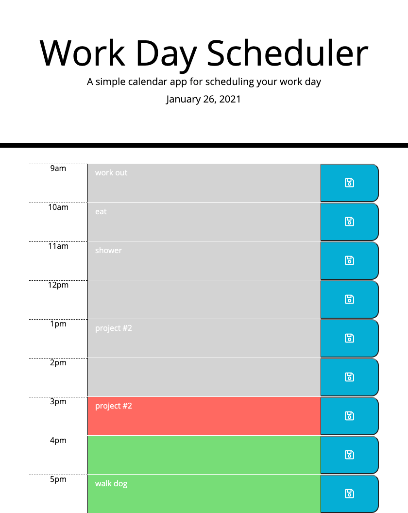 Screenshot of daily planner webpage