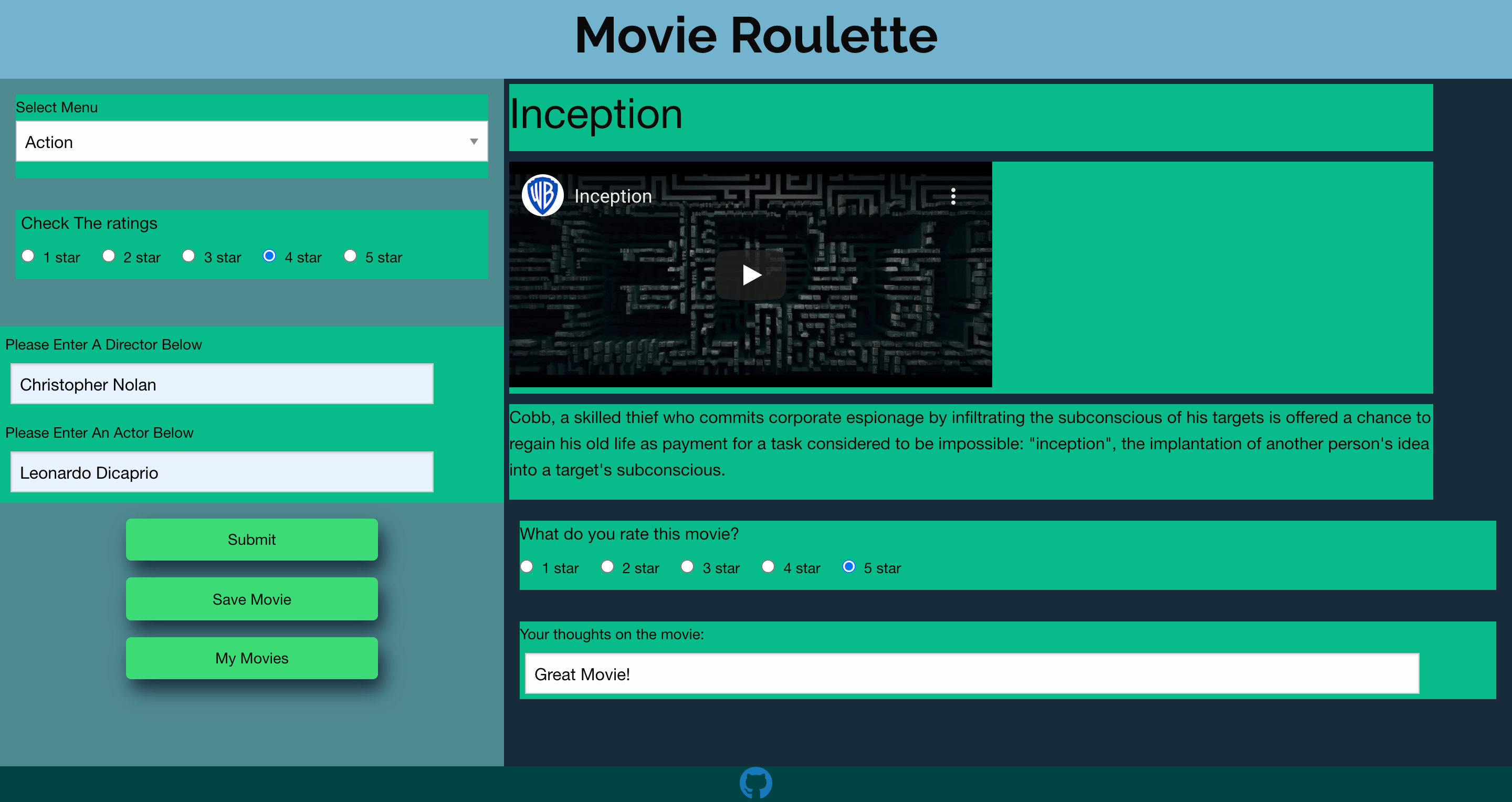 Screenshot of Movie Roulette Page